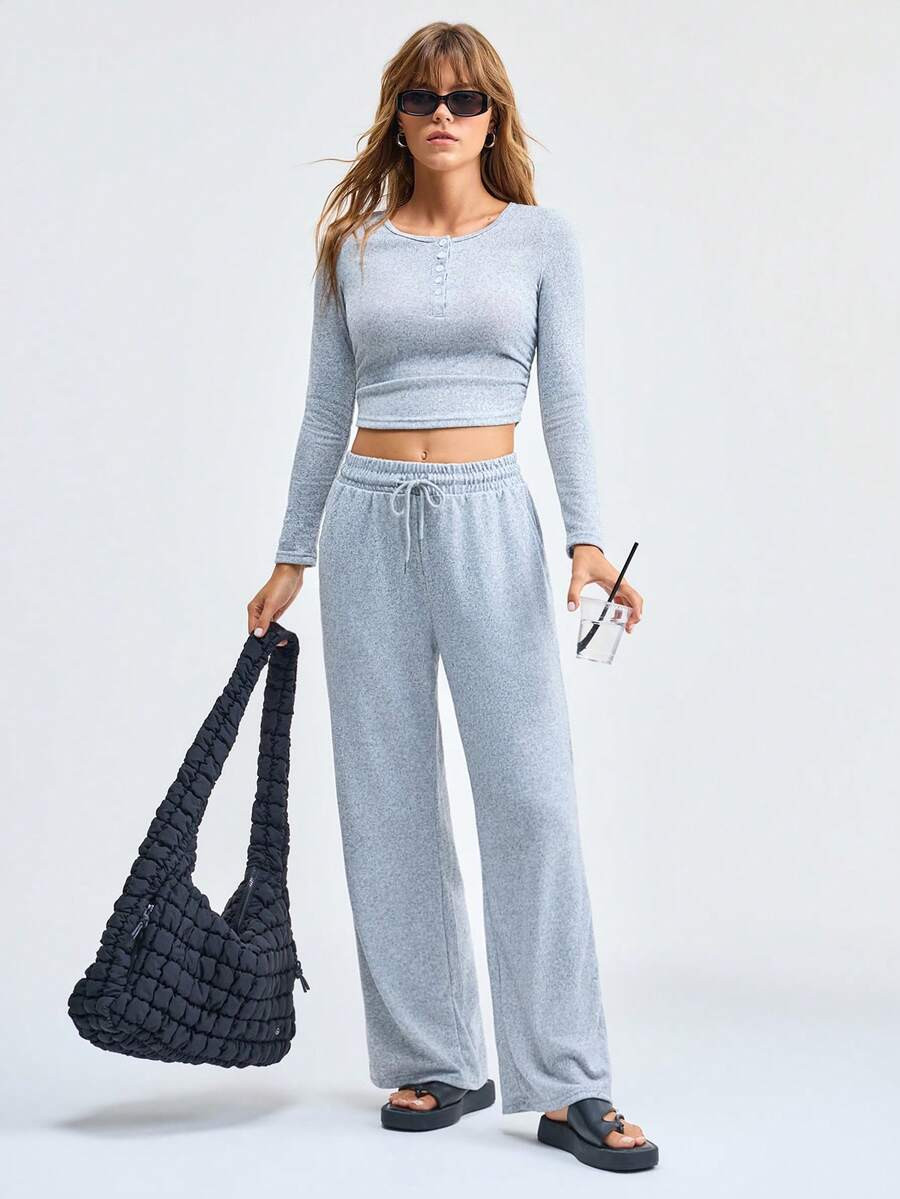 Loungeista 2pcs Set Women Long Sleeve Solid Color Top And Pants Suit, Spring/Autumn/Winter, Two P... | SHEIN