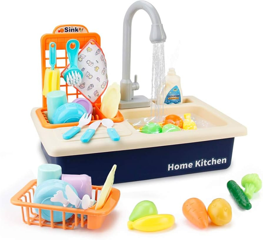 BOBXIN Play Sink with Running Water, Kids Play Kitchen Toy Sink Electric Dishwasher, Pretend Role... | Amazon (US)