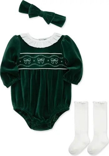Bows Cotton Blend Velour Bubble Romper, Headband & Knee High Socks Set | Nordstrom