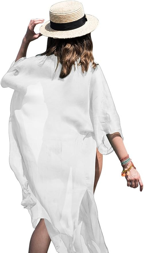 FOCUSNORM Women Chiffon Beach Dress Kimono Cardigan Swimsuit Cover Up Beachwear Dress | Amazon (US)