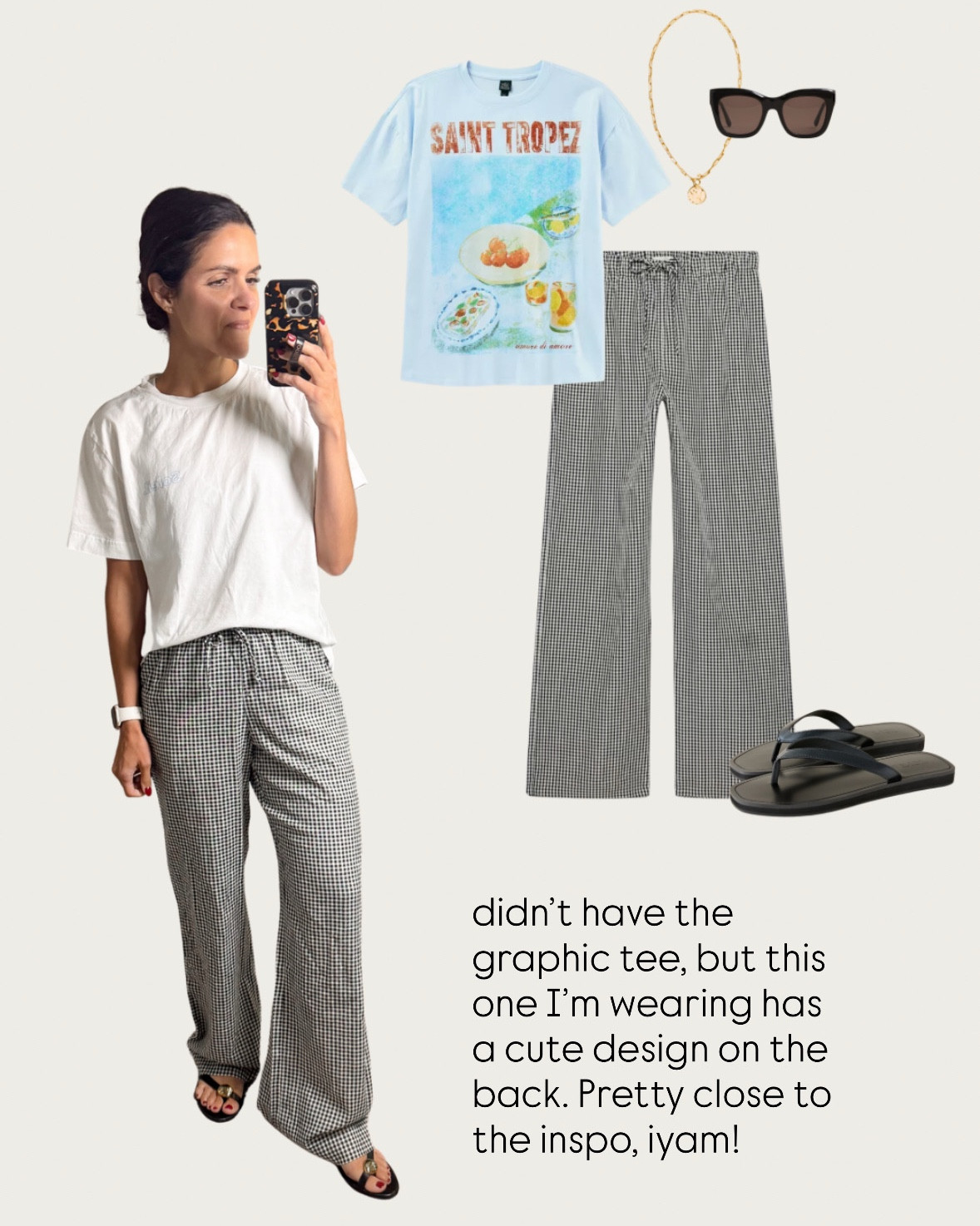 What I wore + inspo! 
Graphic tee: J. Crew, S
Gingham pant: Target, XS
Sandals: Madewell, tts 
Sweater: Mott & Bow, XS