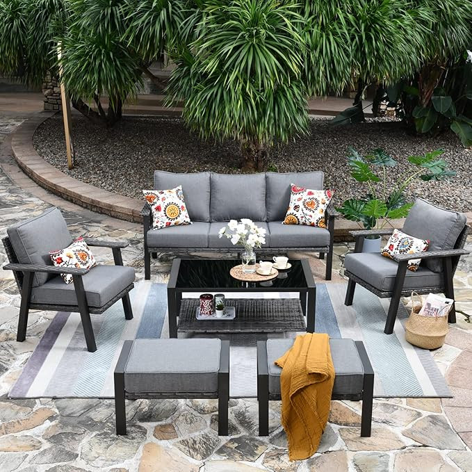 ovios Patio Furniture Set 6 PCS All Weather Outdoor Wicker Rattan Sofa Set with Coffee Table Otto... | Amazon (US)