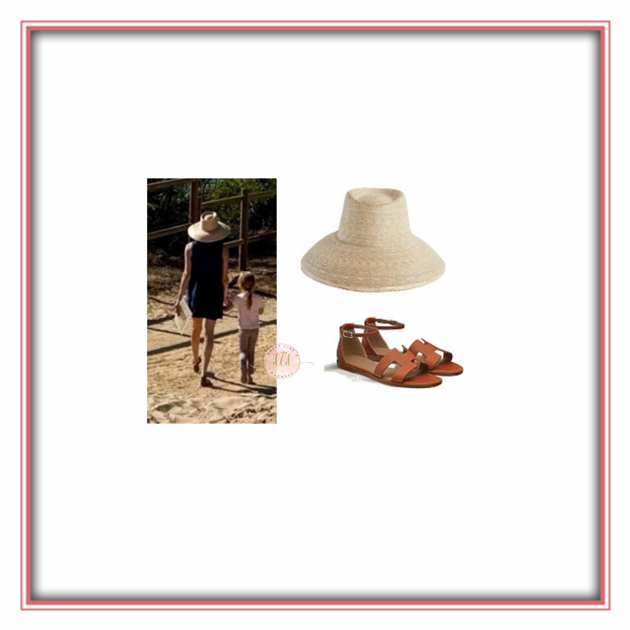 6/23/26 Meghan Markle and Princess Lilibet in Portugal. The duchess wearing her Sarah Bray Bermuda Wildflower hat and Hermes 'Santorini' Sandal in Naturel