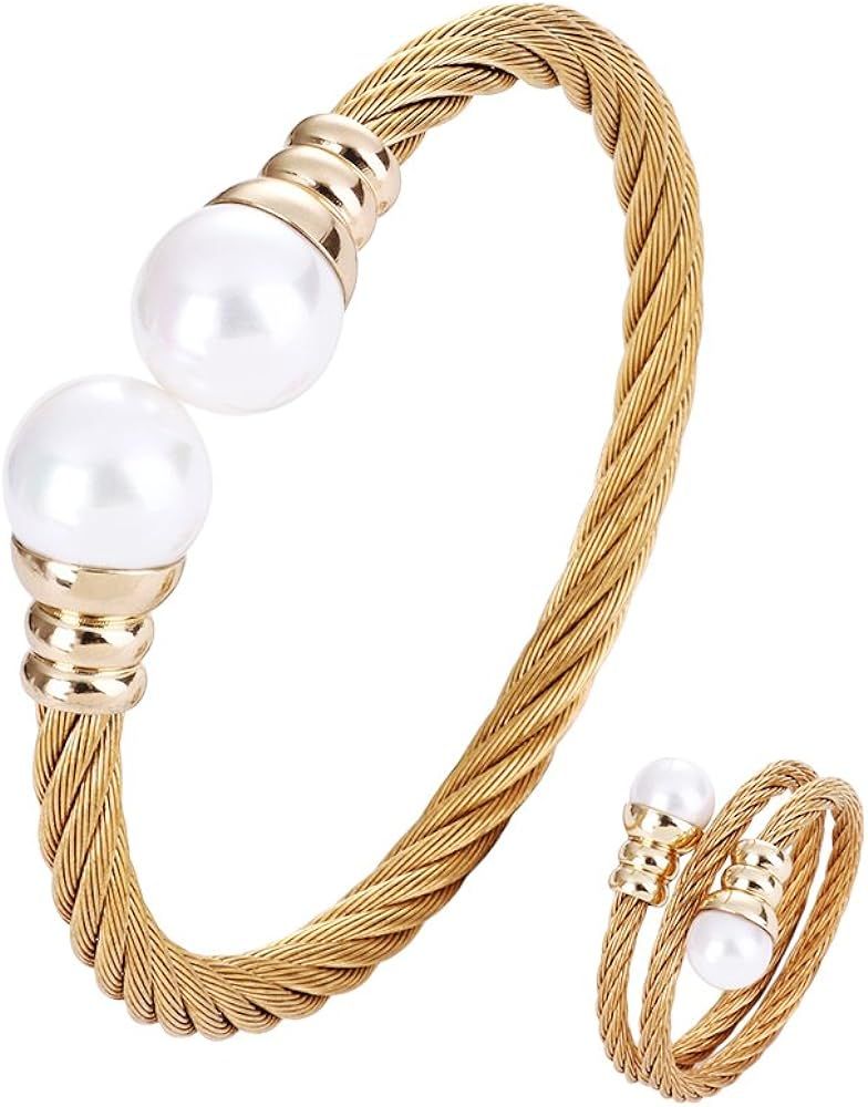 Adjustable Stylish Stainless Steel Twisted Cable Bangle Bracelet Gold-Color with Shell Pearl for ... | Amazon (US)