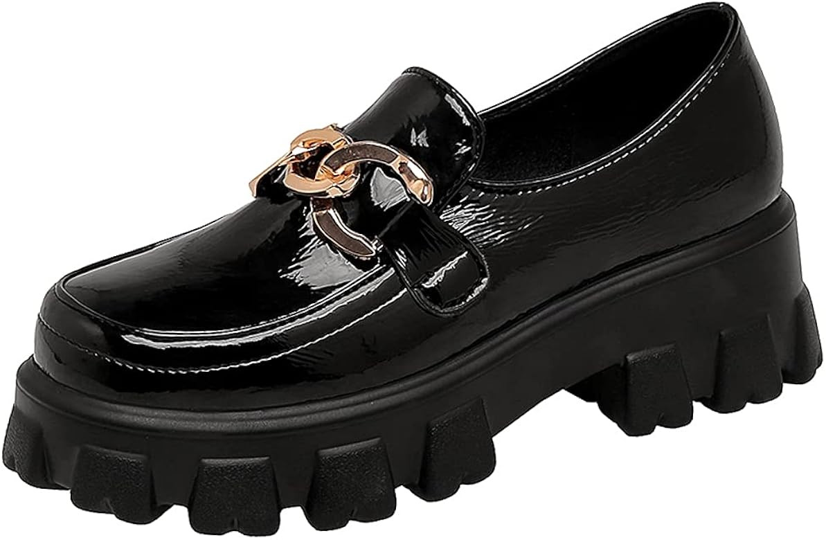 Catarry Womens Metal Chain Platform Shoes Casual Chunky Heel Patent Leather Loafers Shoes | Amazon (US)