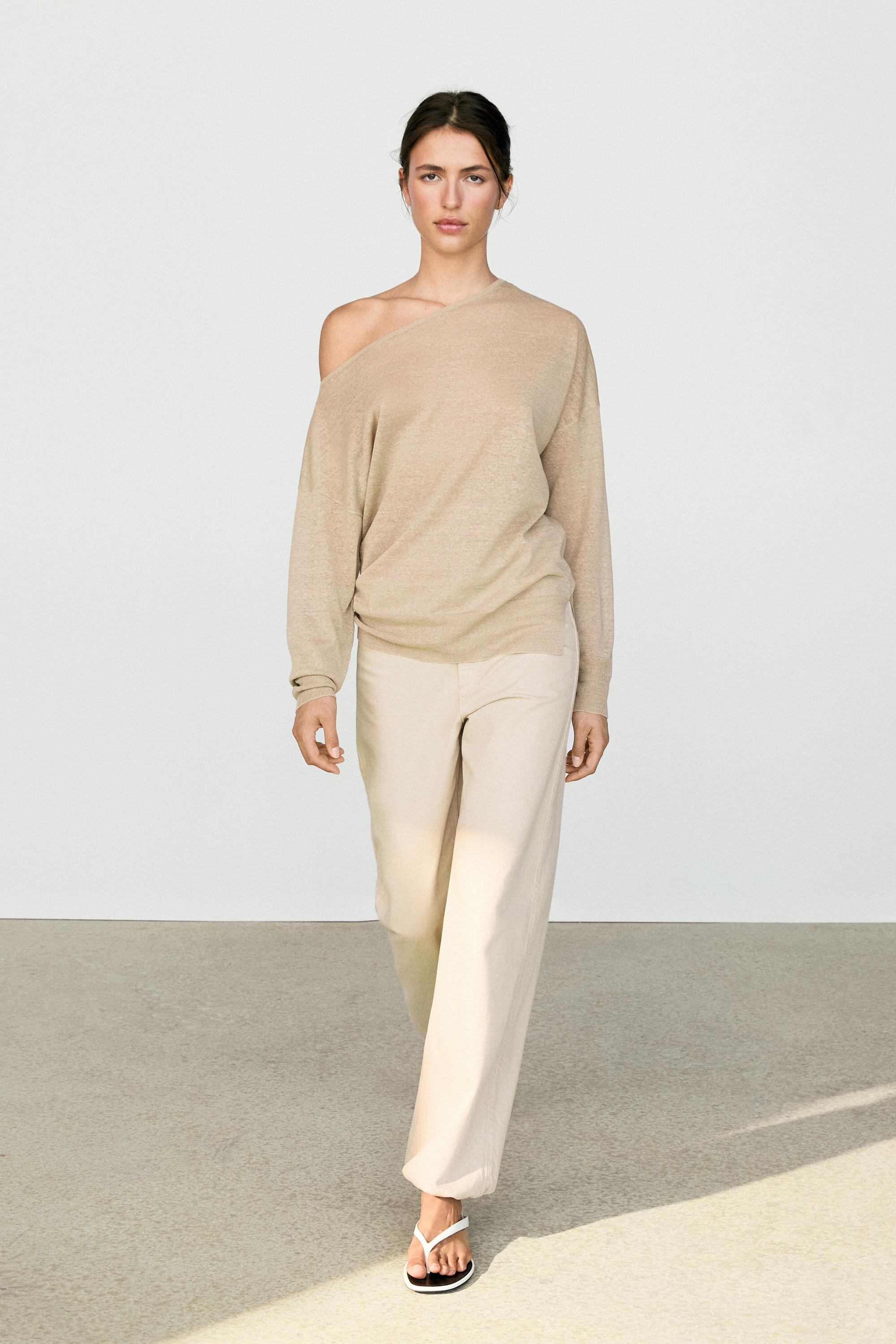 Flowing 100% linen off-the-shoulder sweater | Massimo Dutti US