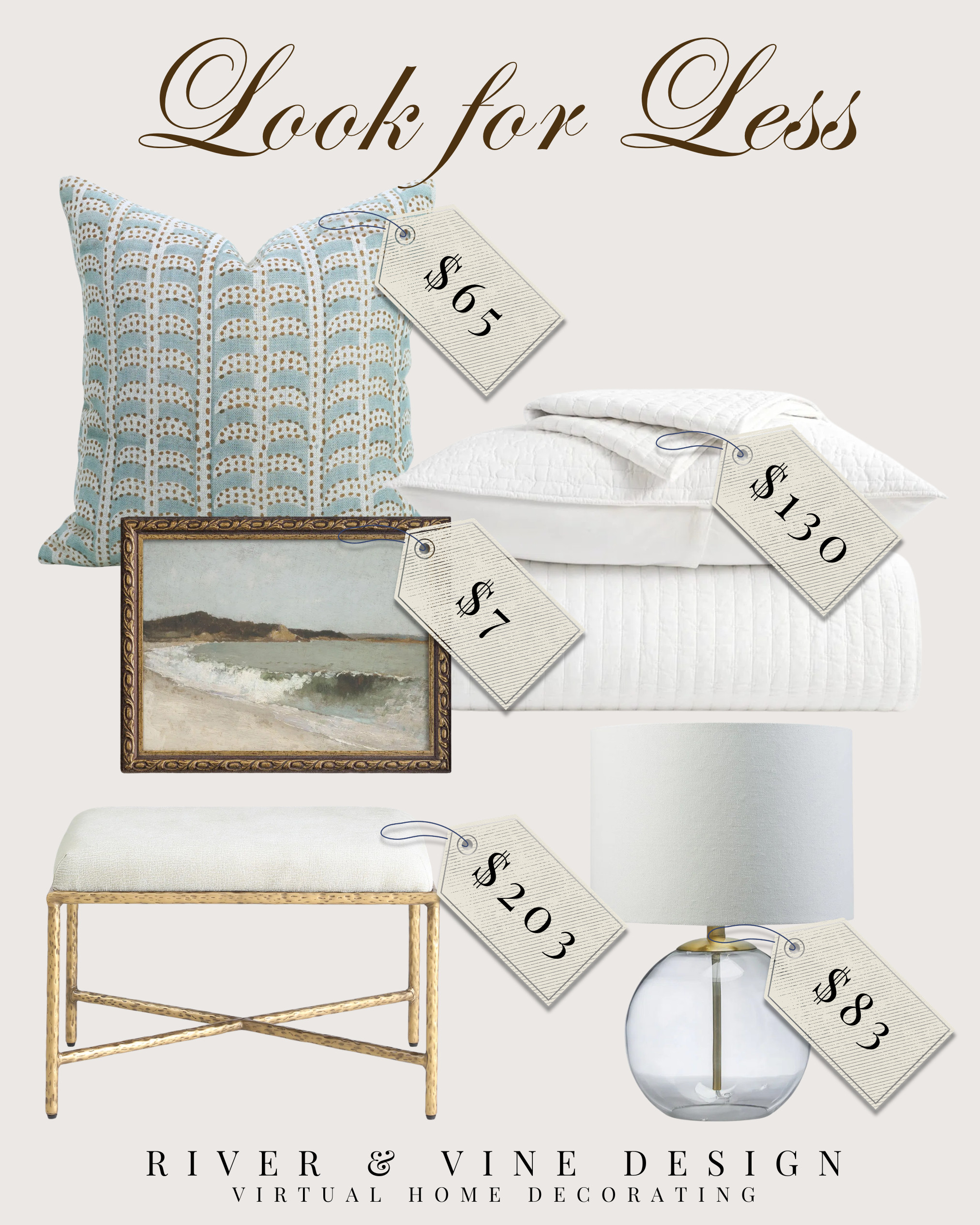 Designer look, less sticker shock. Soft blue pattern, layered white bedding, vintage-inspired art, a brass bench, and a glass lamp that gives the whole room that collected coastal feel without going full theme.

Everything here is under $205, with most pieces under $130.

I may receive a commission from purchases made through my links. 

 #LTKHome