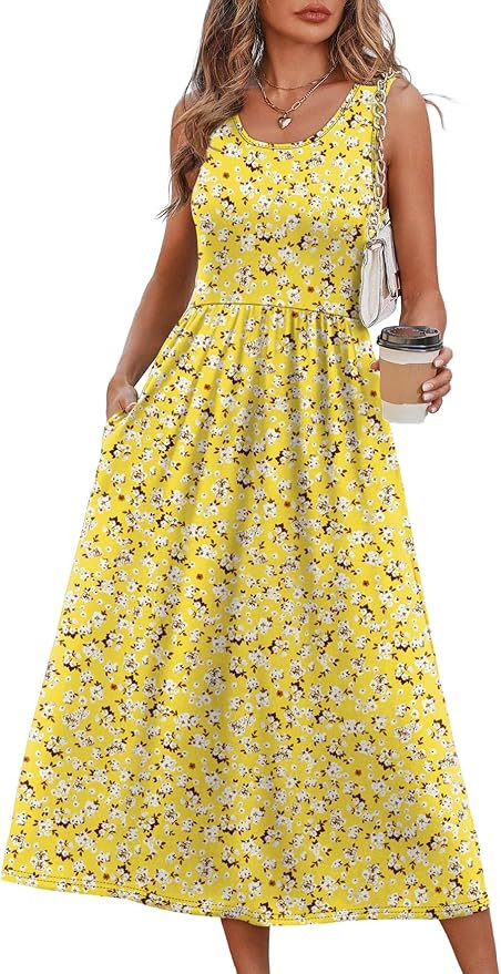 WIHOLL Summer Dresses for Women Flowy Casual Midi Dress Beach Vacation Sundresses with Pockets | Amazon (US)