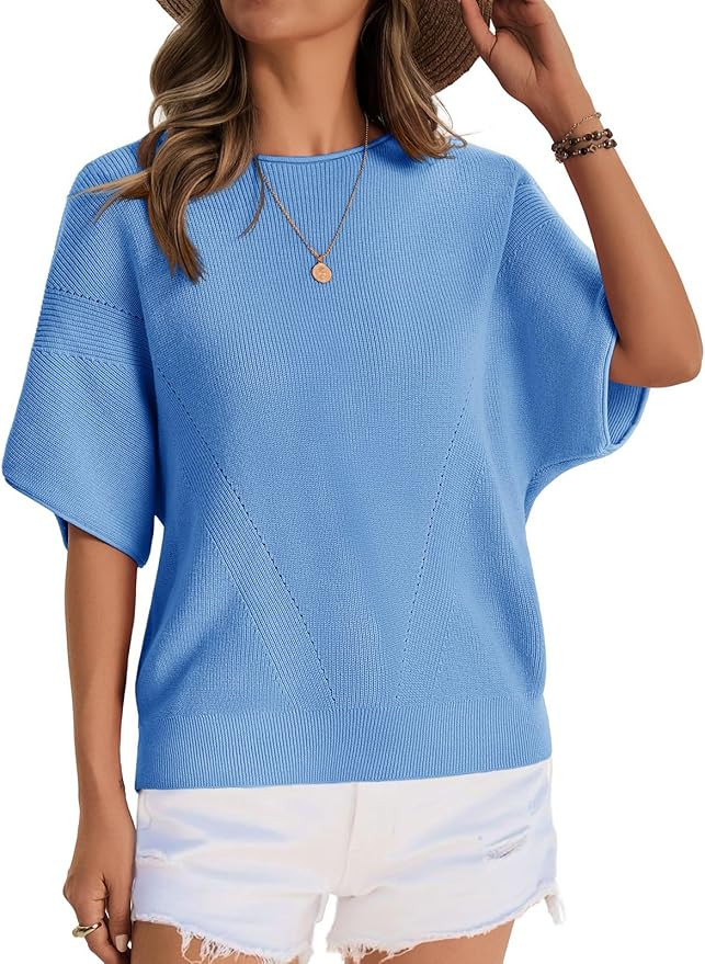 Saodimallsu Womens Short Batwing Sleeve Sweater Tops Crochet Knit Crew Neck Loose Casual Summer P... | Amazon (US)