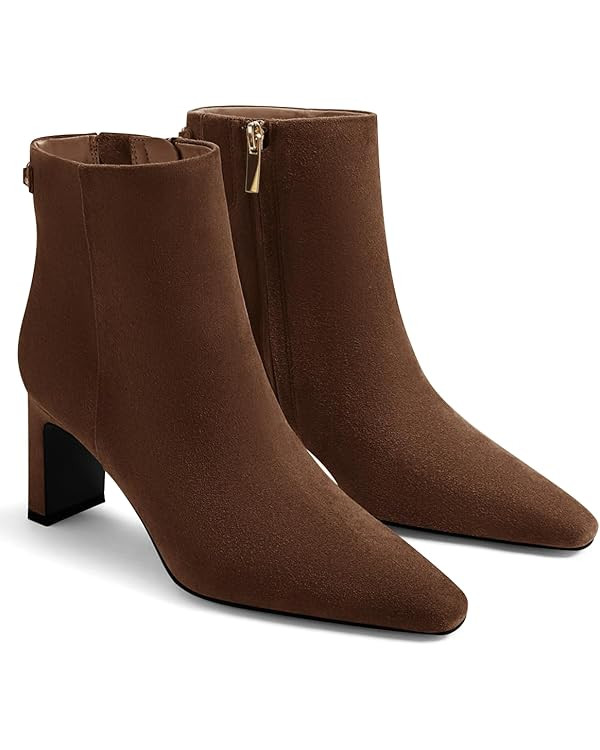 Coutgo Womens Ankle Boots Chunky Heel Closed Square Toe Booties Side Zipper Winter Dress Shoes | Amazon (US)