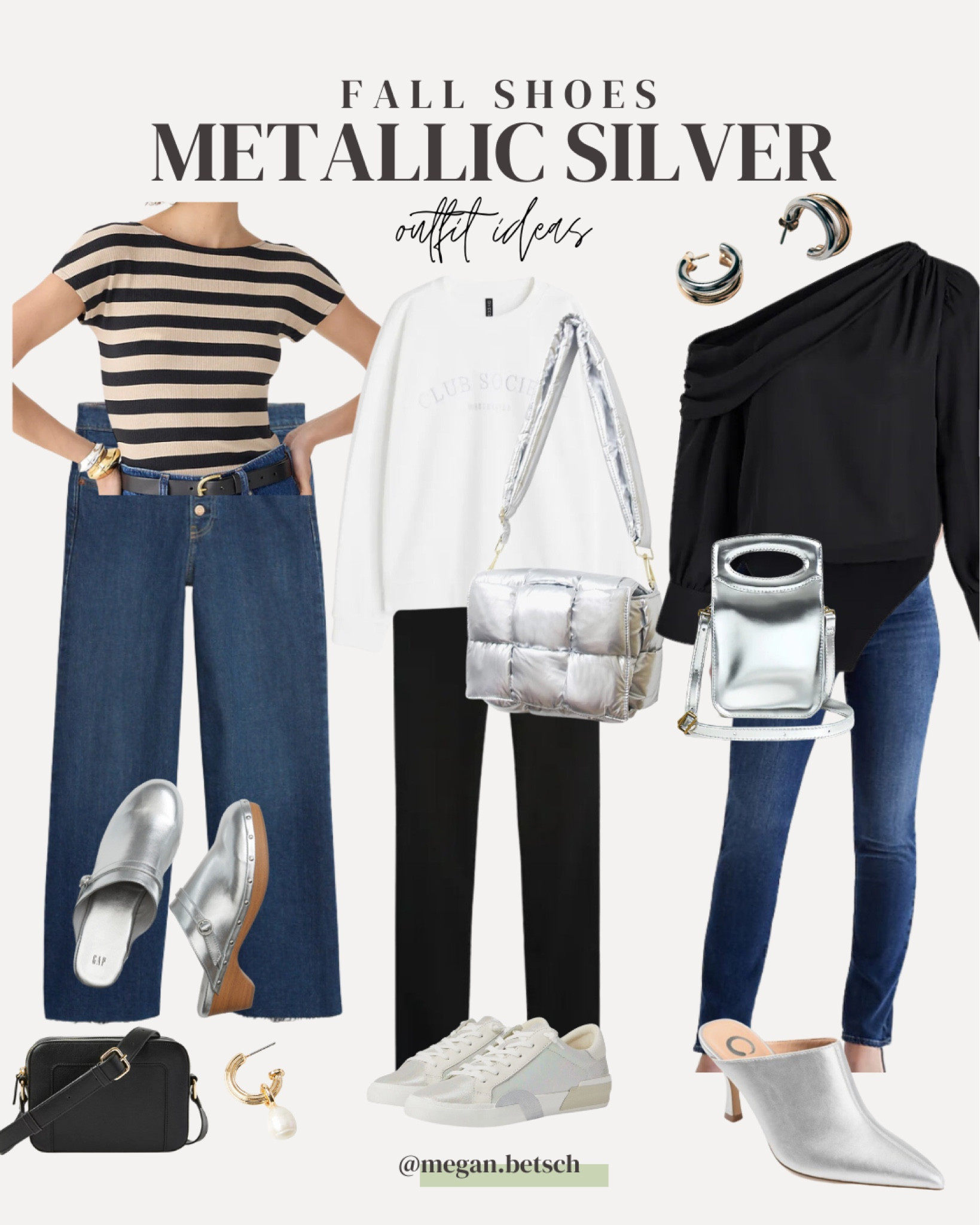 Metallic silver shoes are trending for fall! Here are 3 outfits to wear with metallic shoes. 

Metallic silver, shoe trends, fall style, wide leg jeans, denim, clogs, sneakers, one shoulder top, sweatshirt, hoops

#LTKstyletip #LTKitbag #LTKshoecrush