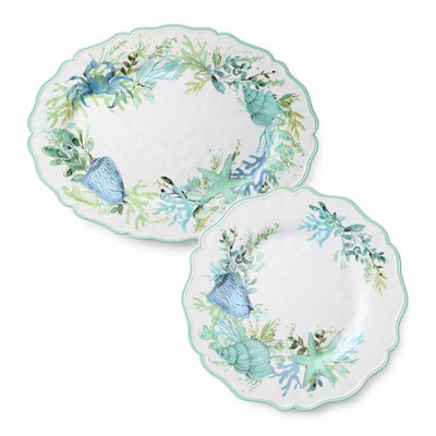 Sea Glass Melamine 2‑Piece Platter Set, coastal round 14‑inch platter and oval 18 x 13.5‑inch platter with ocean greenery motifs, ideal for seafood, a | Wayfair North America