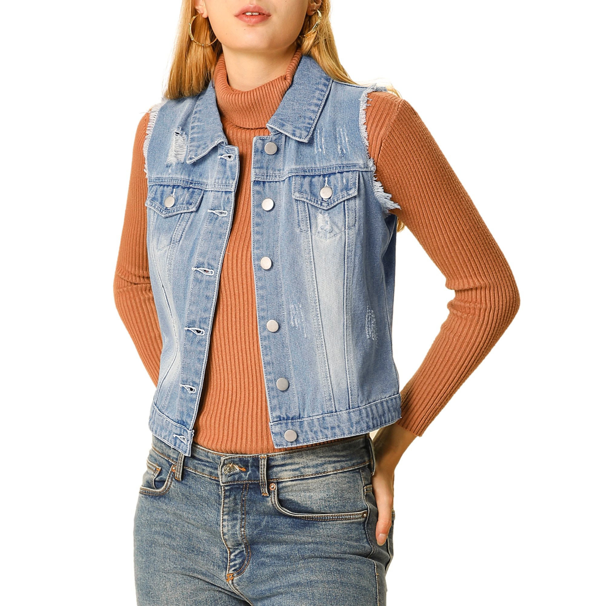 Unique Bargains Women's Sleeveless Button Closure Denim Washed Vest Jacket | Walmart (US)
