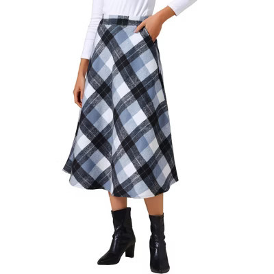 INSPIRE CHIC Women's Vintage Plaid High Waist A-Line with Pockets Maxi Skirt X-Small Gray Blue | Target