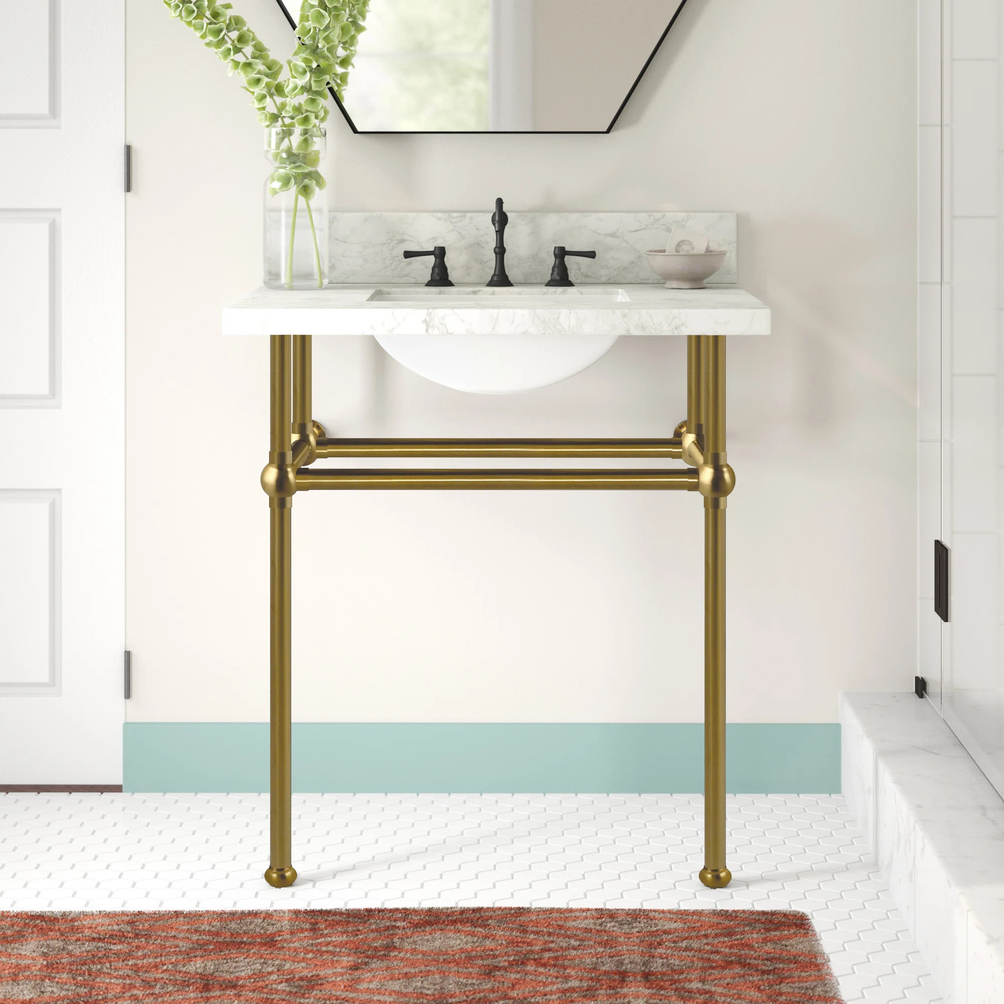 Kingston Brass Templeton 30-Inch Carrara Marble Vanity Top with Brass Legs (8-Inch, 3-Hole) | Wayfair North America