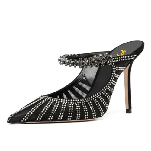 FYS Women's Pointed Toe Slip on Mules Rhinestone Studded Stiletto High Heel Sandals Shining Sexy Party Evening Shoes Size 10.5 Black | Amazon (US)