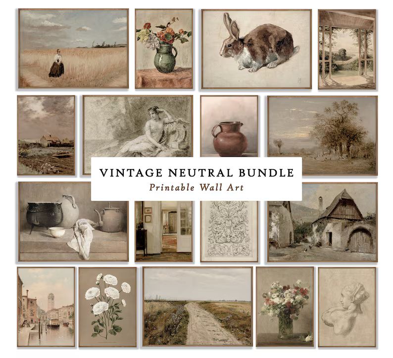 Vintage Neutral Bundle Set of 17 Spring Printable Vintage Gallery Wall Art Set Antique Prints War... | Etsy (US)