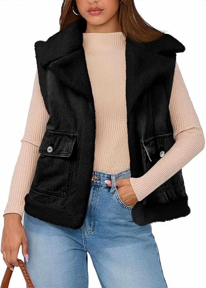 Tankaneo Womens Sherpa Denim Vest Oversized Fleece Lined Sleeveless Jean Jacket Winter Fuzzy Oute... | Amazon (US)