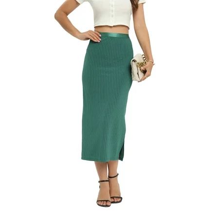 Xmarks Women s Slit Bodycon Midi Skirt Split Ribbed Knit Pencil Skirts Green L | Walmart (US)