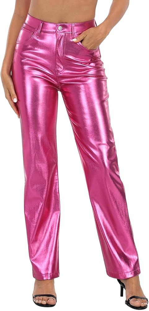 HDE Women's Shiny Metallic Faux Leather Pants High Waisted Straight Leg Trousers | Amazon (US)