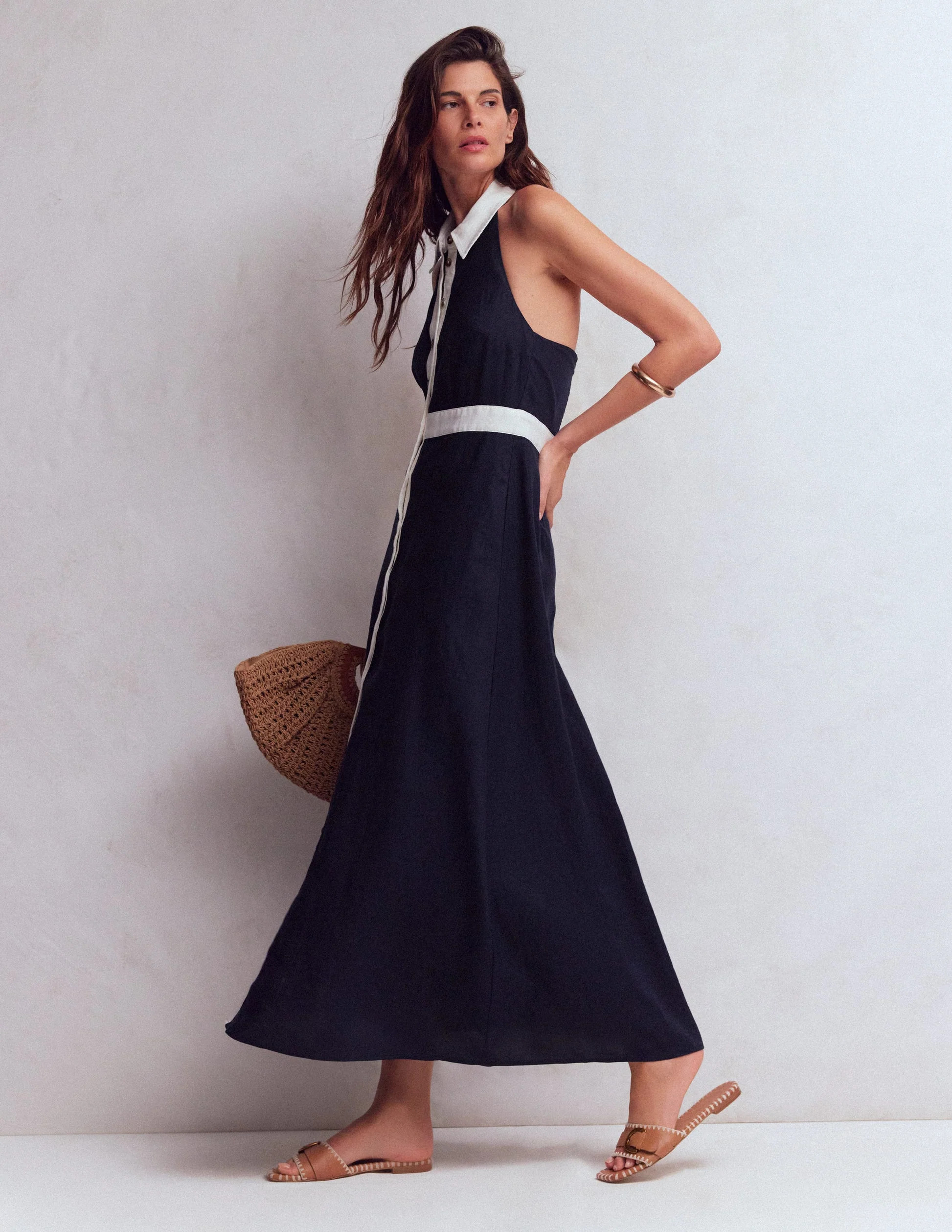 Collar Halter Neck Linen Dress-Navy Ivory | Boden (US)
