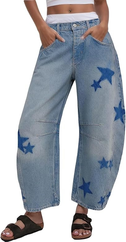 Star Barrel Jeans Women Elastic Mid Rise Wide Leg Jeans Loose Baggy Printed Boyfriend Denim Pants | Amazon (US)