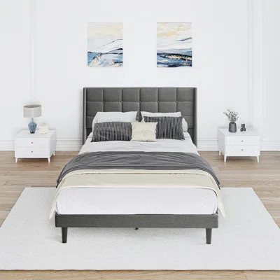 Queen Size Upholstered Platform Bed Frame With Modern Button Tufted Linen Fabric Headboard, No Box Spring Needed, Wood Slat Support, Easy Assembly | Wayfair North America