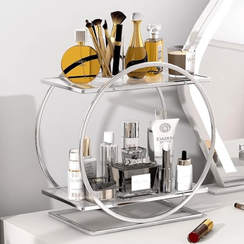 YIWANFW Perfume Organizer for Bedroom Dresser- Sliver Makeup Organizers for Vanity, 2 Tier Bathroom Countertop Organizer Perfume Tray Skincare Storage Cosmetic Display Rack, Make Up Counter Shelf | Amazon (US)