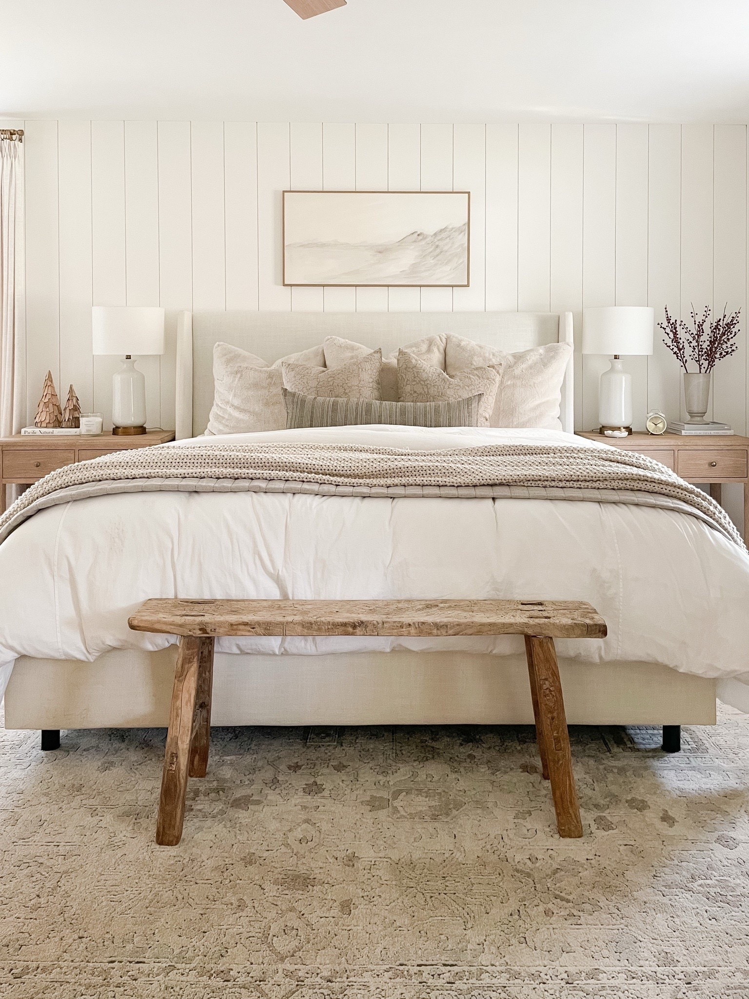 Coastal bedroom, pottery barn bedding, vintage wood bench, Loloi rug, throw pillows nightstand 

#LTKHome #LTKFindsUnder50