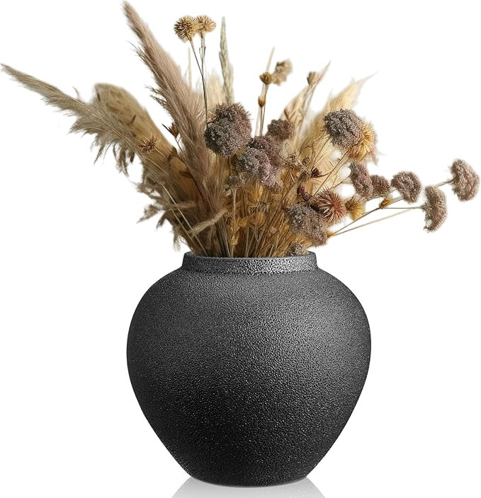 Black Ceramic Decorative Flower Vase 8.27" x 8.66" Textured Round Rustic Pottery Vintage Large Va... | Amazon (US)