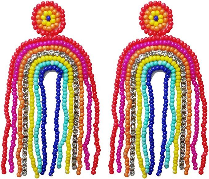 Statement Drop Earrings Rainbow Tassel Beaded Dangle Earrings Gift for Women | Amazon (US)