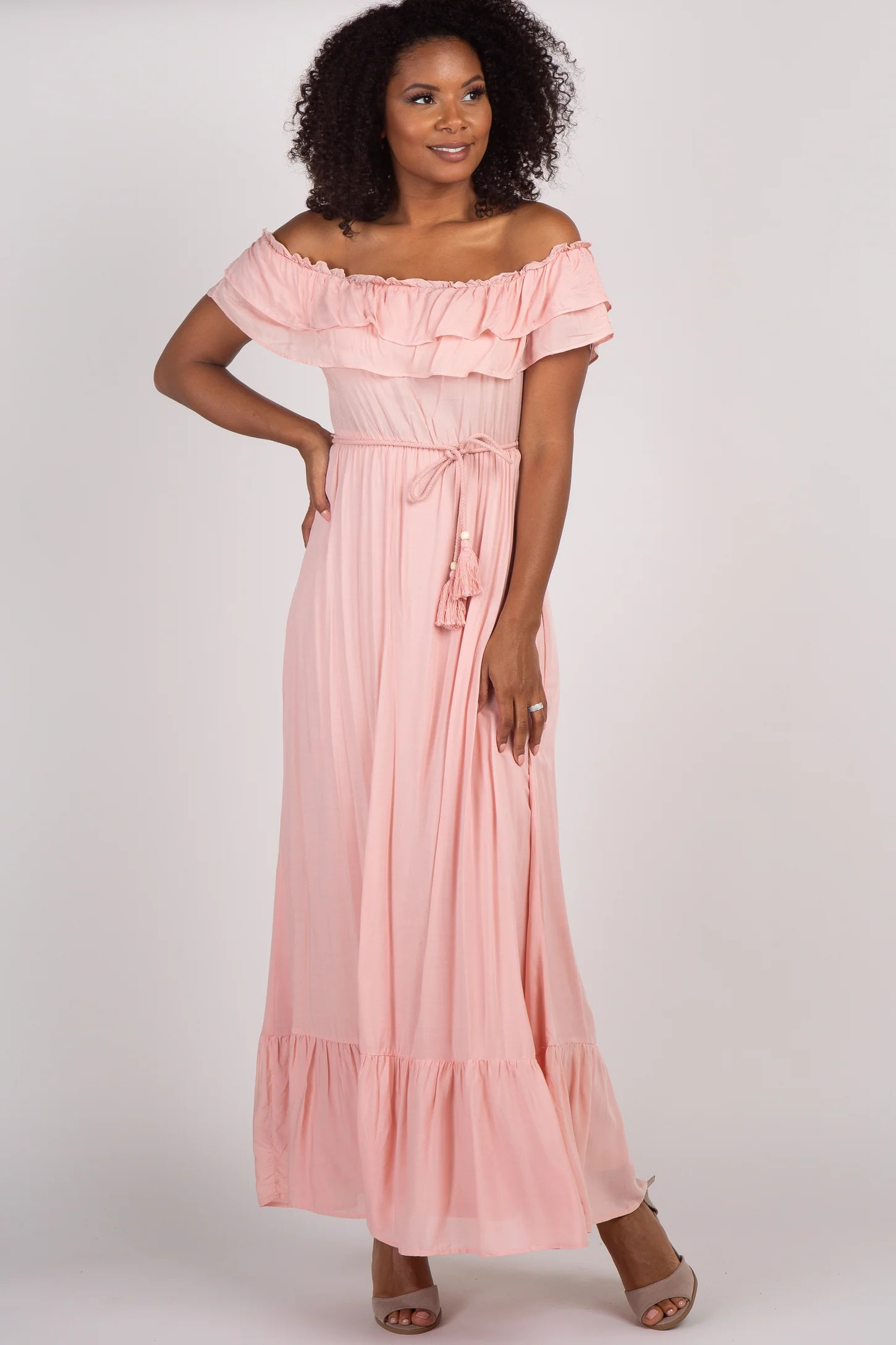Pink Off Shoulder Tassel Tie Maxi Dress | PinkBlush Maternity