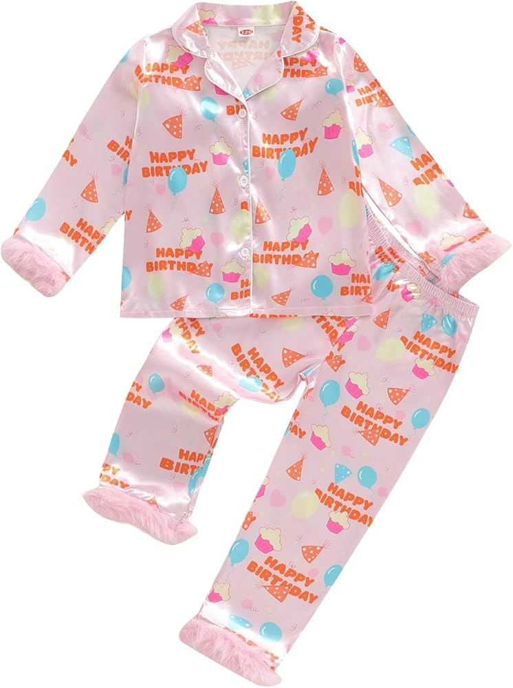 Toddler Girl Birthday Pajamas Silk Stain Pjs Cake Balloons Button Down Shirt 2PCS Sleepwear Set K... | Amazon (US)