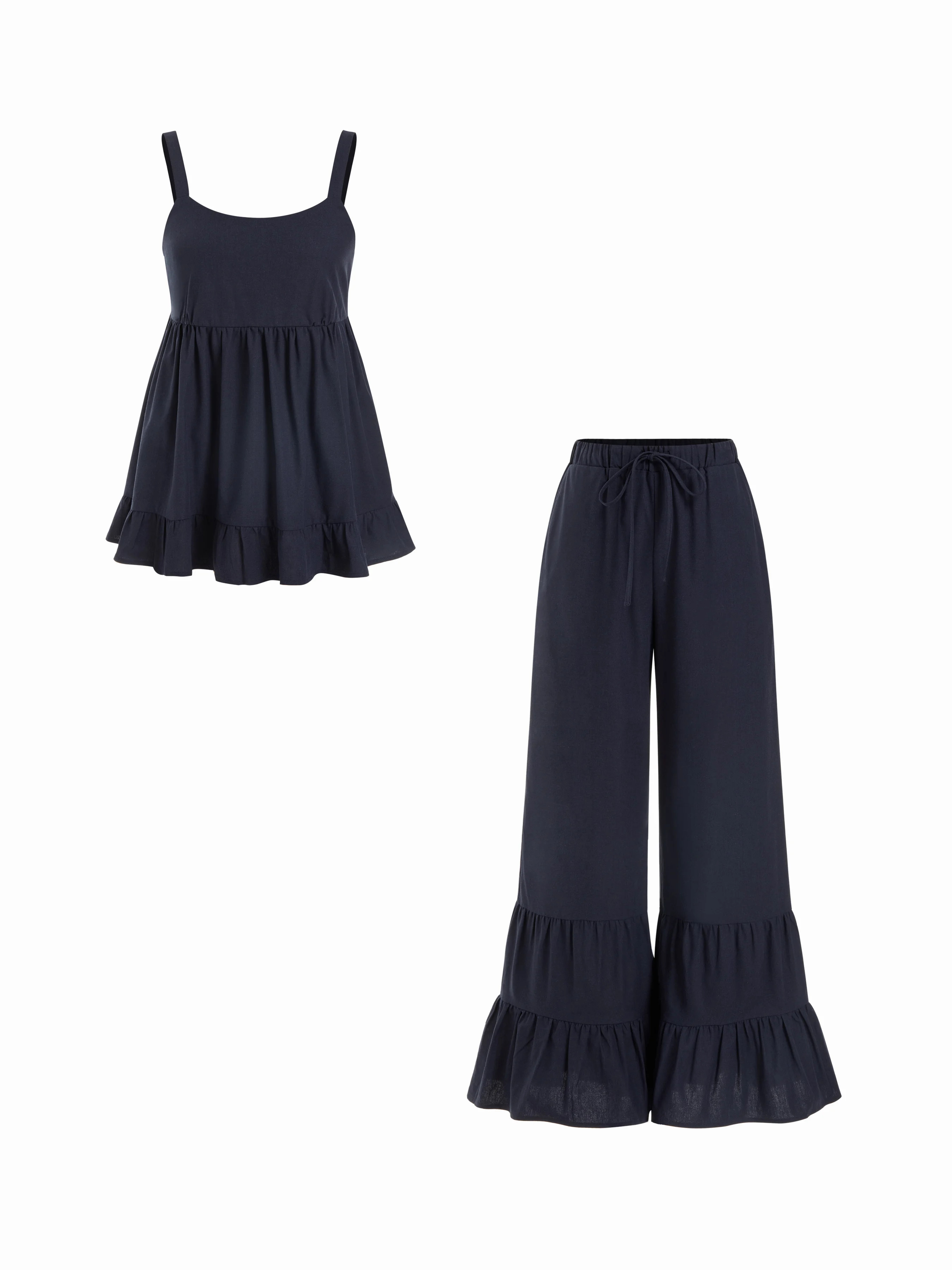 Woven Linen-blend Sweetheart Ruffle Cami Top & Mid Rise Wide Leg Trousers Set For Daily Casual Va... | Cider