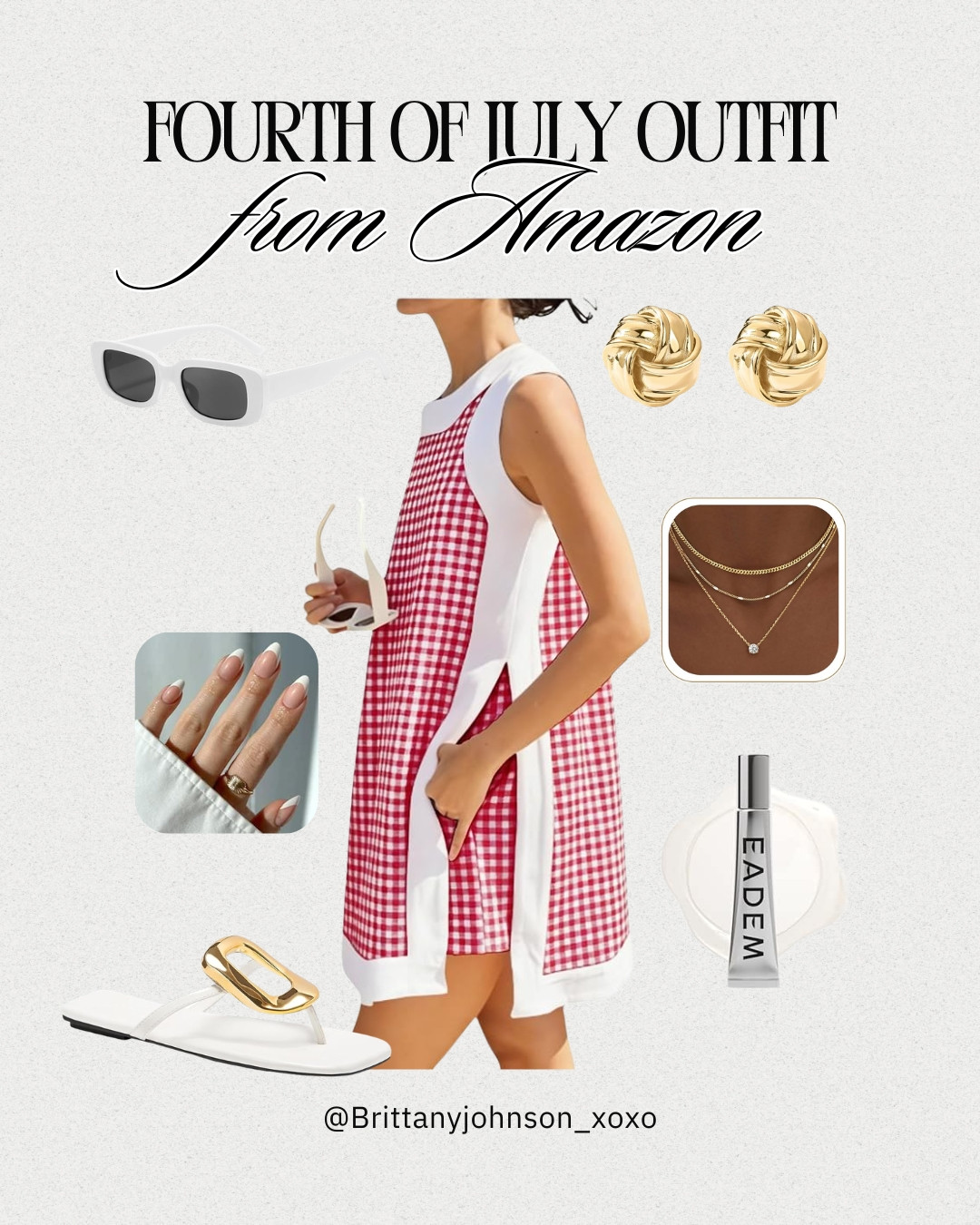 Fourth of July outfit idea from Amazon 🇺🇸✨ The cutest red gingham dress with white sandals + gold accessories! 

 #LTKootd #LTKSeasonal #LTKSaleAlert