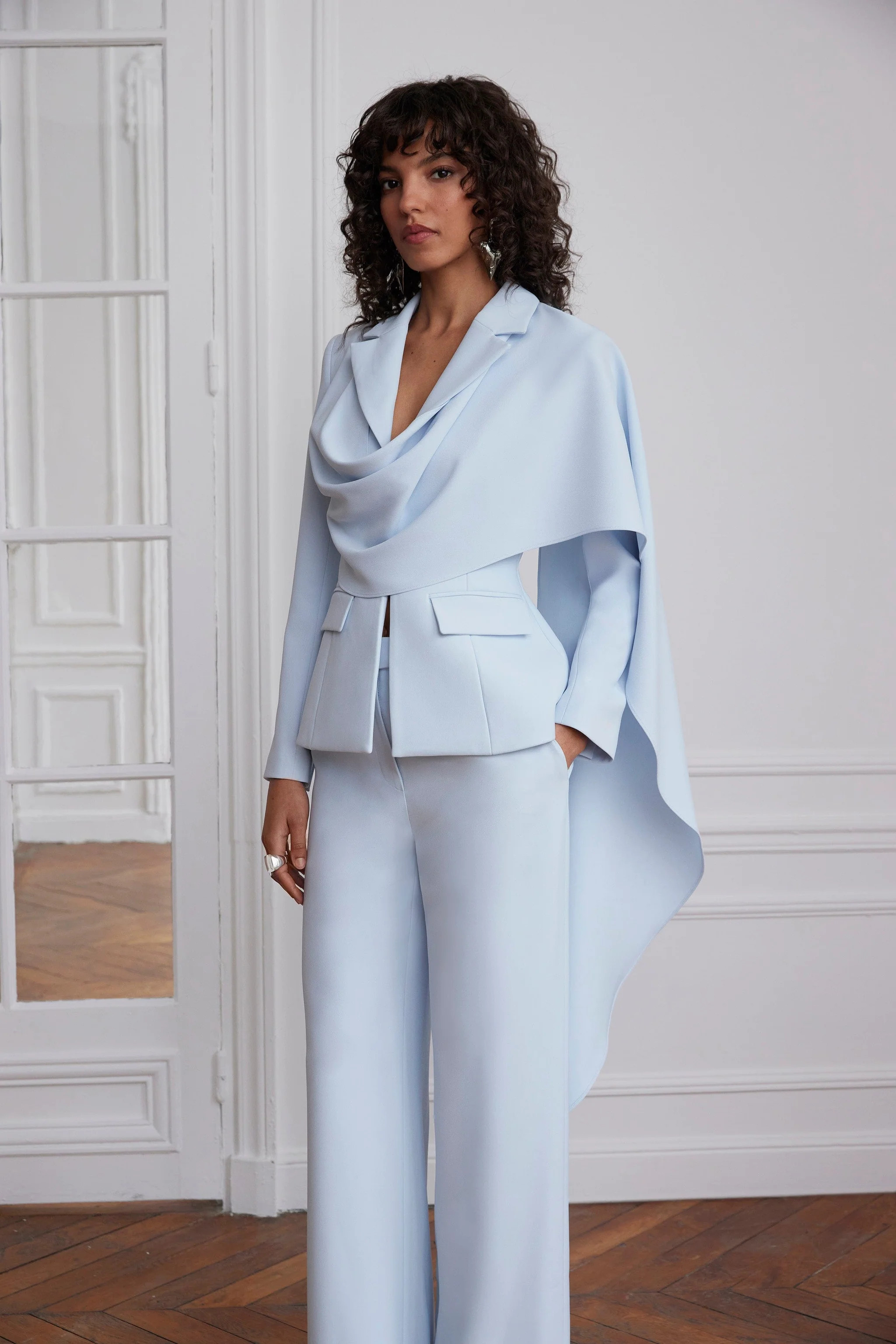 EMBER Cape Scarf Sculptured Blazer In Powder Blue | Lavish Alice Retail Ltd