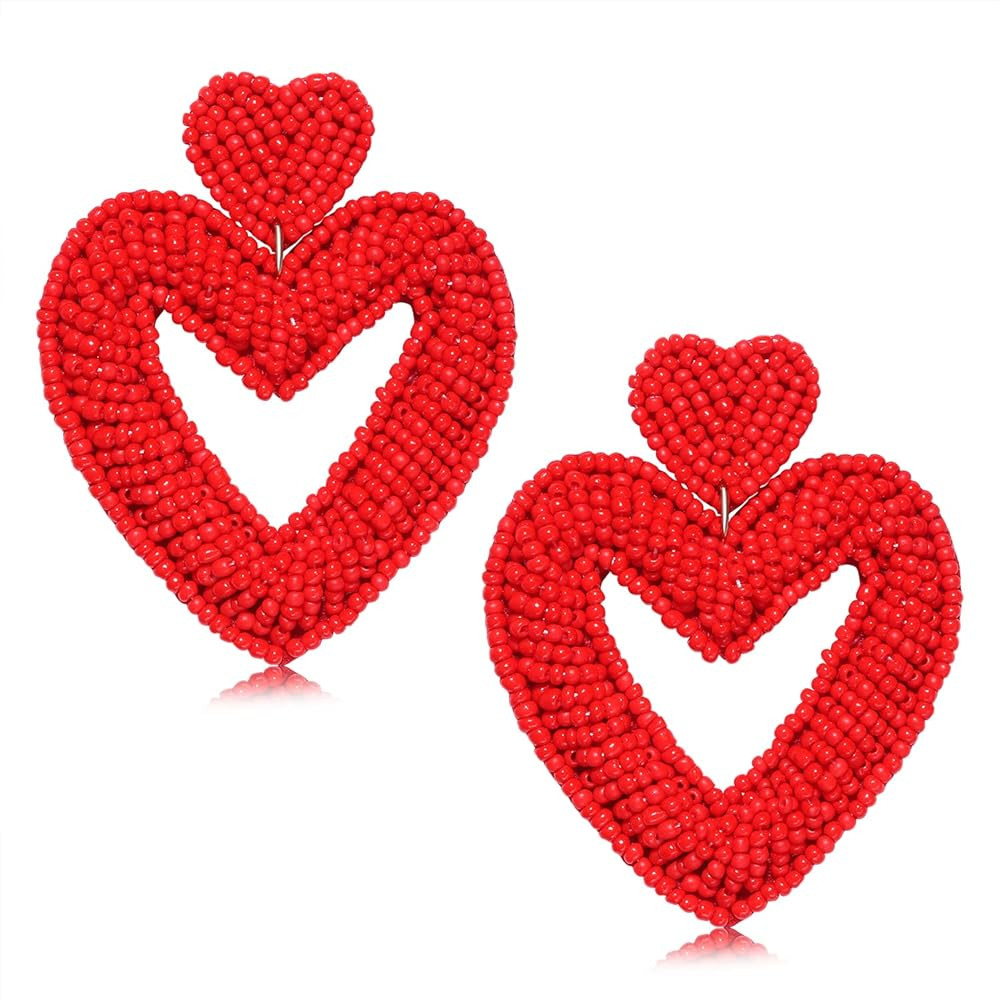 Bead Dangle Earrings for Women Girls Beaded Heart Dangle Earrings Bohemia Statement Bead Drop Ear... | Amazon (US)