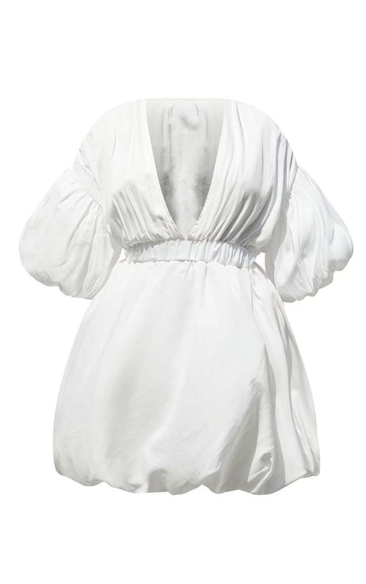 Petite White Puff Sleeve Puffball Hem Shift Dress | PrettyLittleThing US