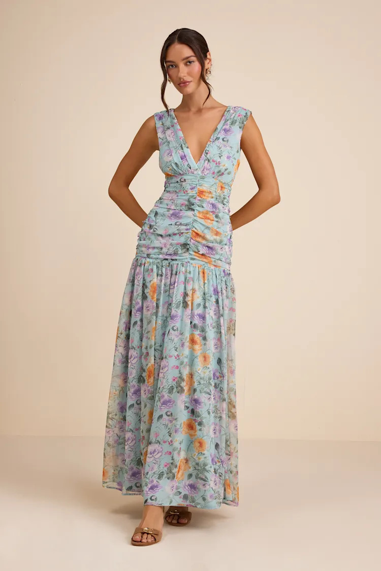 Melisandre Light Blue Floral Drop Waist Maxi Dress | Lulus
