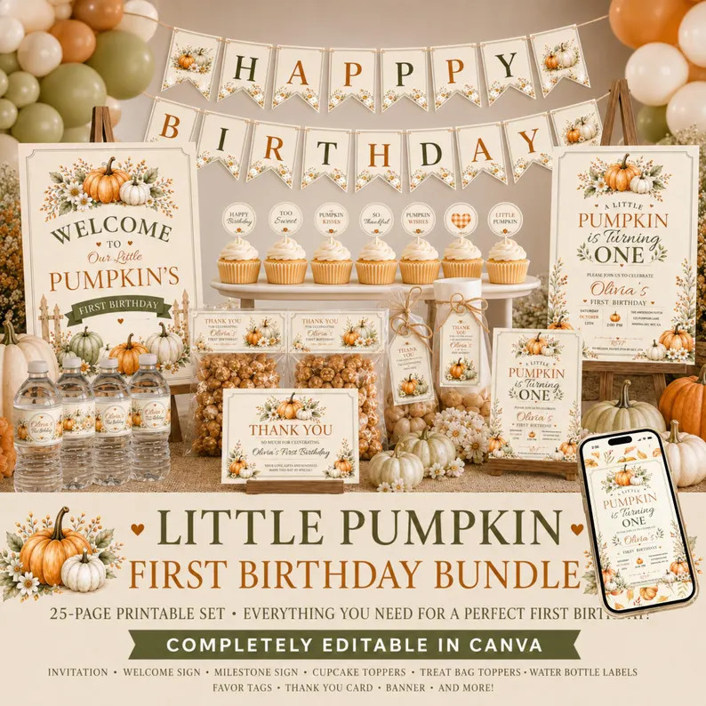 Little Pumpkin First Birthday Bundle Editable Canva Template, Pumpkin 1st Birthday Invitation, Fa... | Etsy (Global)