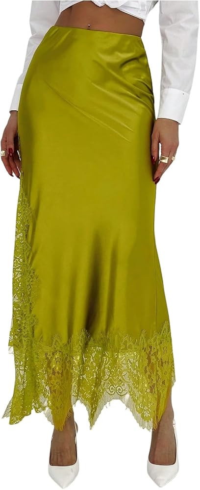 SOLY HUX Women's Satin Lace Maxi Skirt Low Rise Fishtail Long Skirts | Amazon (US)