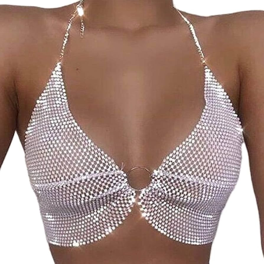 Protuster Crystal Bra Body Chain Rhinestones Chest Chains Mesh Bra Jewerly Bikini Rave Beach Part... | Amazon (US)