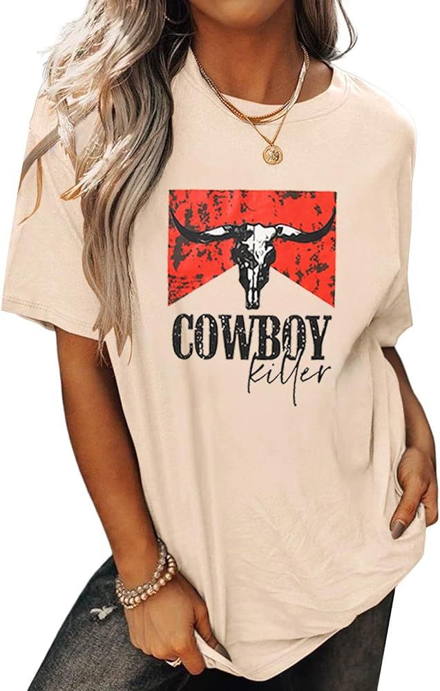 Cowboy Killer Shirt for Women Western Vintage Rodeo T-Shirt Retro Bull Skull Graphic Tee Summer C... | Amazon (US)