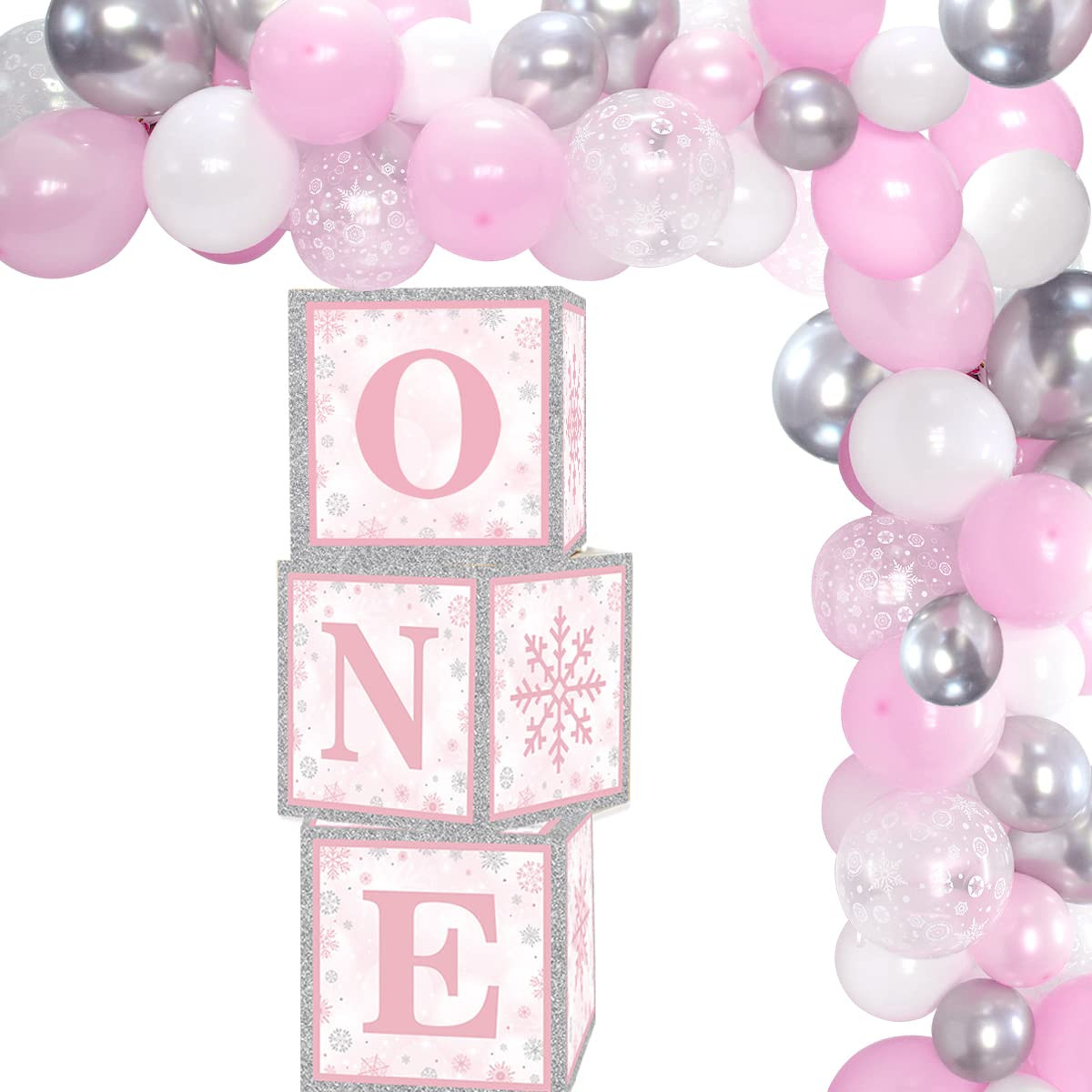 Onederland 1st Birthday Girl Decoration - Pink Winter Birthday Boxes, Blocks, Balloon Garland for... | Amazon (US)