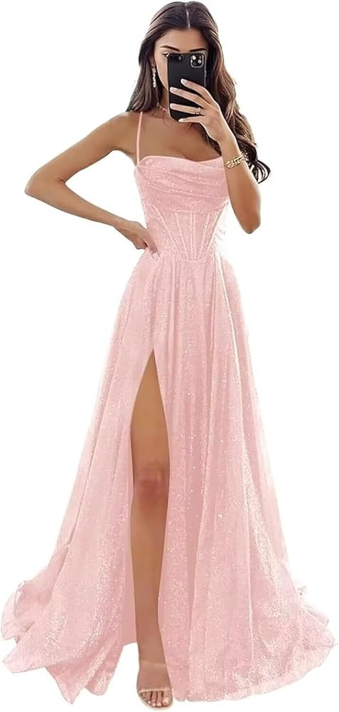 Glitter Sequin Prom Dresses for Women 2025 Long Cowl Neck Sparkly Corset Formal Evening Gowns wit... | Amazon (US)