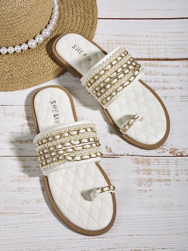 Faux Pearl Beaded Thong Sandals | SHEIN