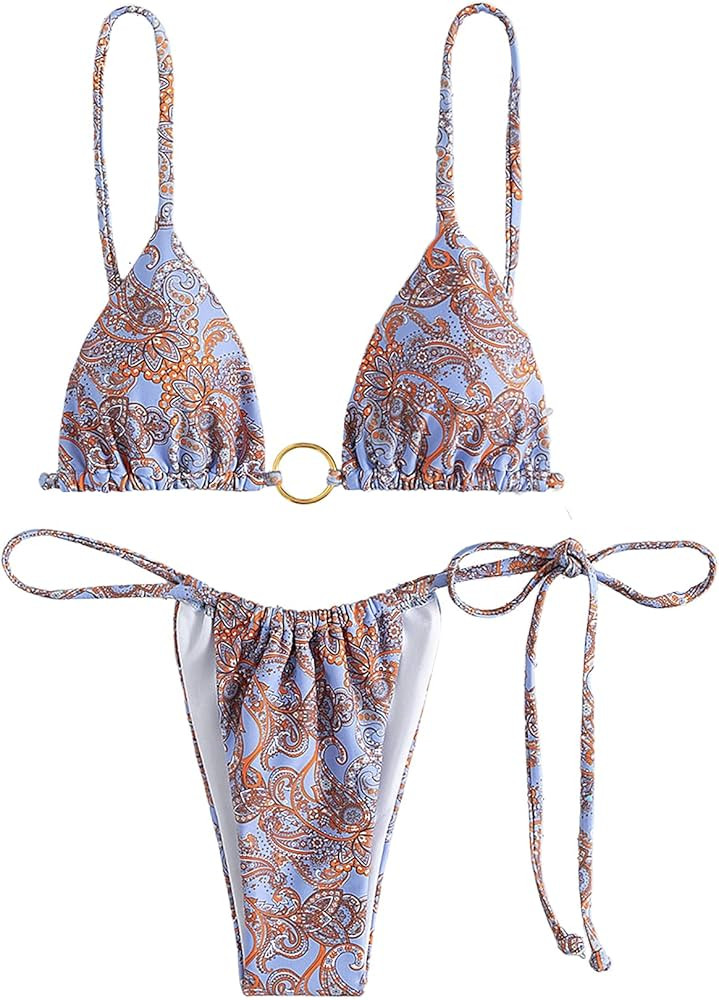 SOLY HUX Women Trendy Bikini Sets Ring Triangle Tie Back Paisley Thong Bikini Bathing Suits 2 Pie... | Amazon (US)