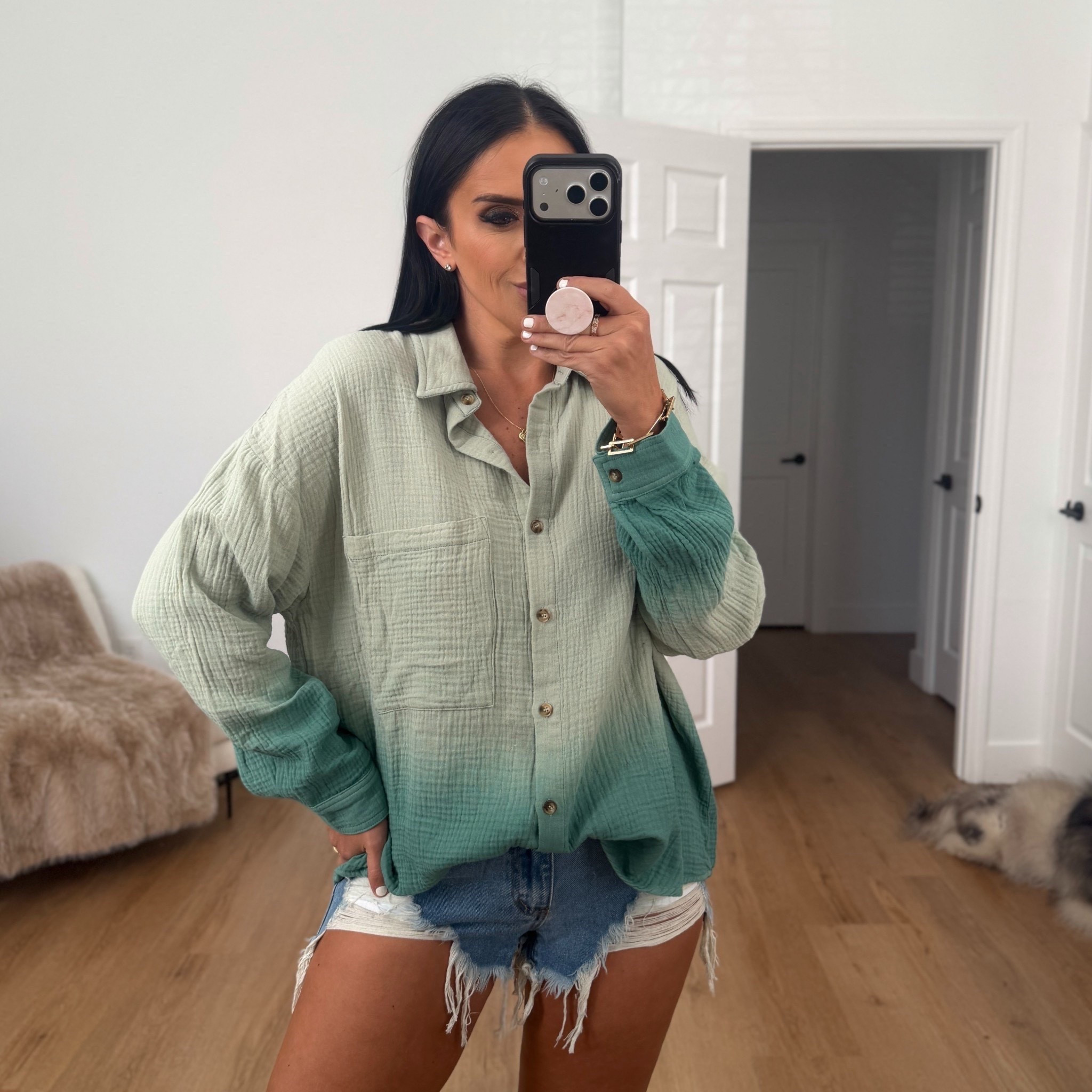 Hartlie Ombre Button Down Top wearing size medium.
