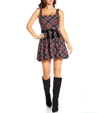 Sugarlips Plaid Print Square Neck Velvet Bow Bubble Hem Fit & Flare Dress | Dillard's | Dillard's