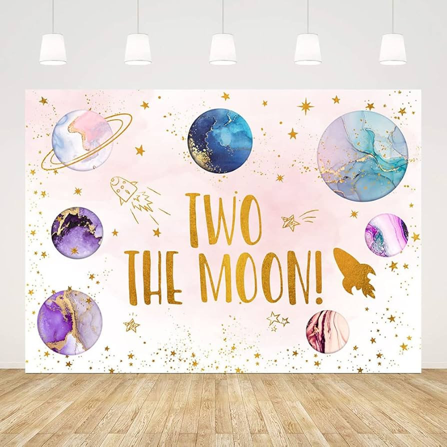 ABLIN 7x5ft Two The Moon Backdrop Outer Space 2nd Birthday Decorations for Girls Rocket Planet Pu... | Amazon (US)